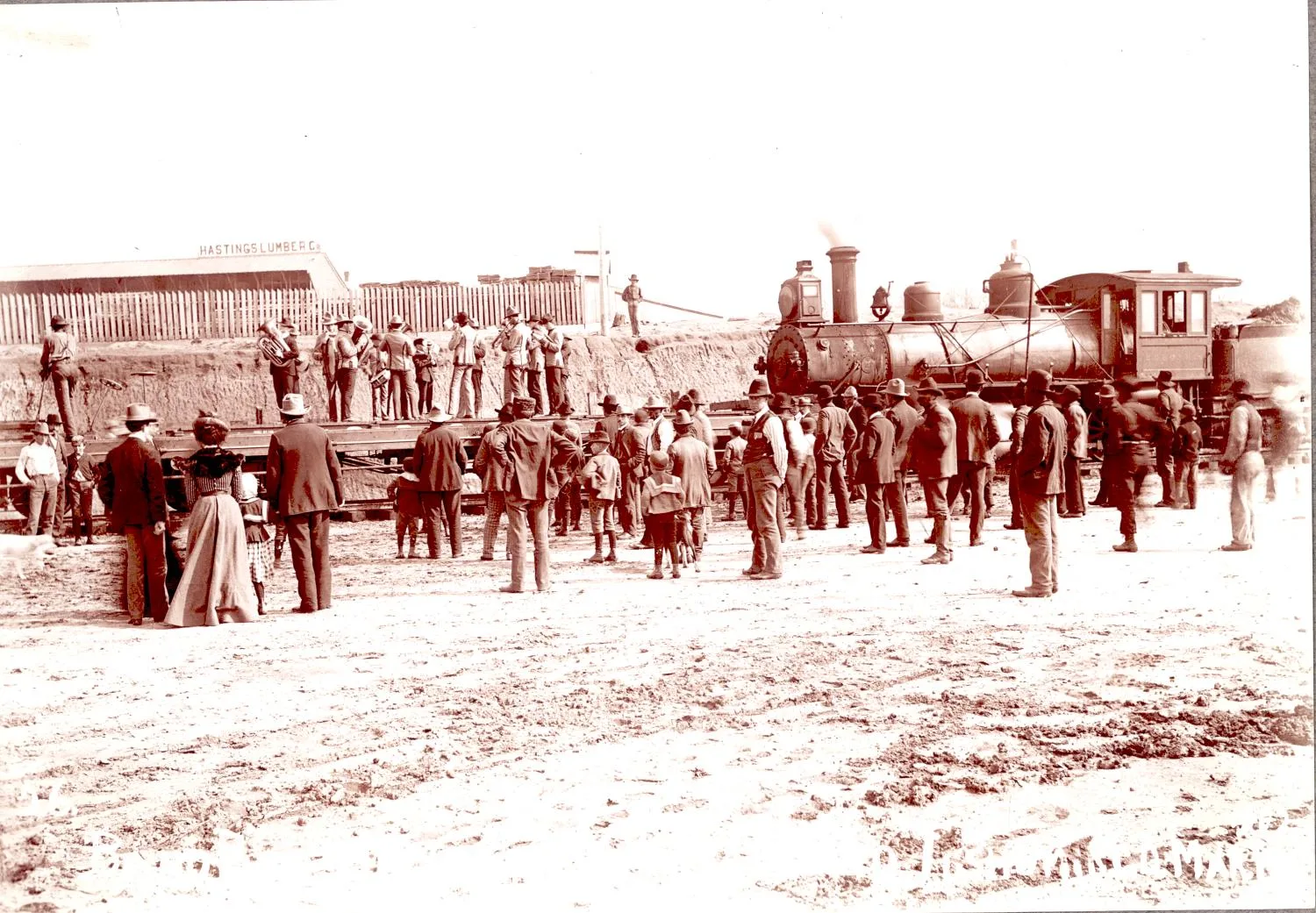 Photograph of band boys welcoming the first train into Tishomingo, Indian Territory.