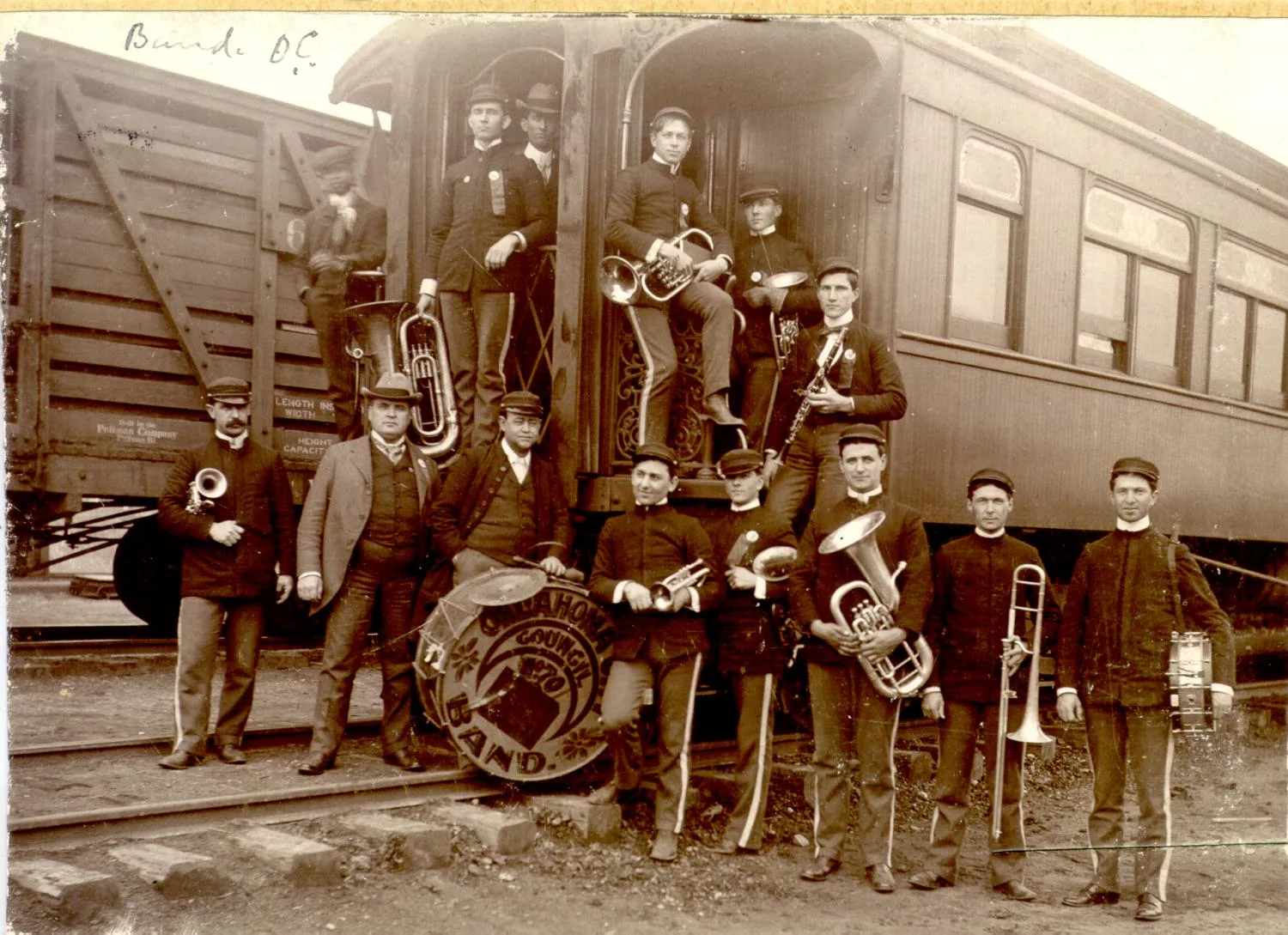 Photograph of the Oklahoma City Council No. 70 Band visiting Ardmore, OK.