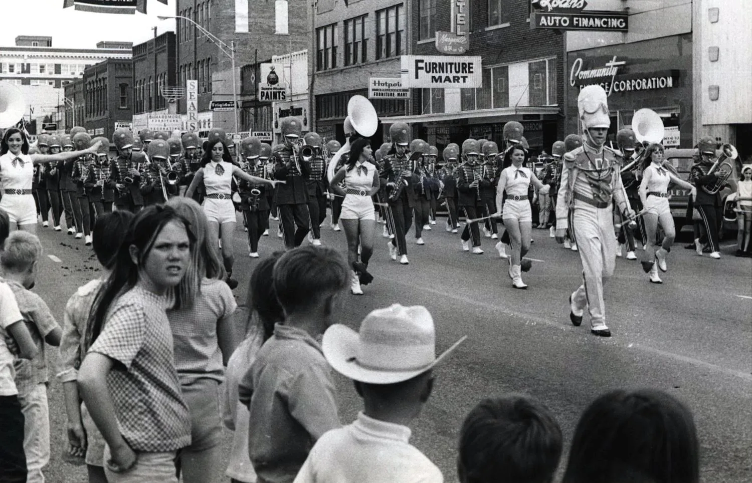 Davis marching band performing in the 1969 Shrine Rodeo parade.