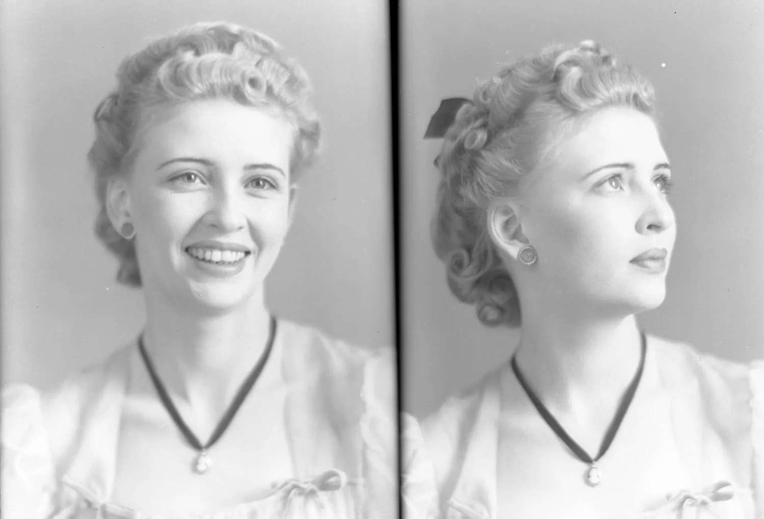 Two portraits of a woman with short light curled hair with a dark bow, and wears a white blouse with puff sleeves and bows on either side of the square neckline, and a necklace with a thick dark band and large round earrings. In the first photo, she faces the camera and smiles slightly to her left. In the second photo she is oriented to her left and looks off and up to her left, with her face almost in profile.