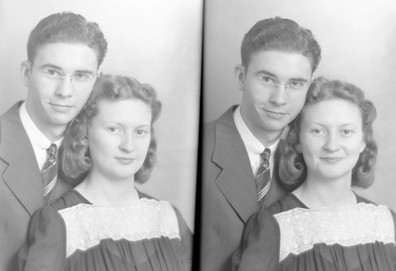 Two portraits of Rayford and Oneta Anderson. Rayford stands closely behind Oneta. He has medium toned slicked back hair and round wire glasses and wears a pin stripe suit and tie. Oneta has medium toned short curled hair and wears a dark blouse with ruffles and a band of lace across the chest.