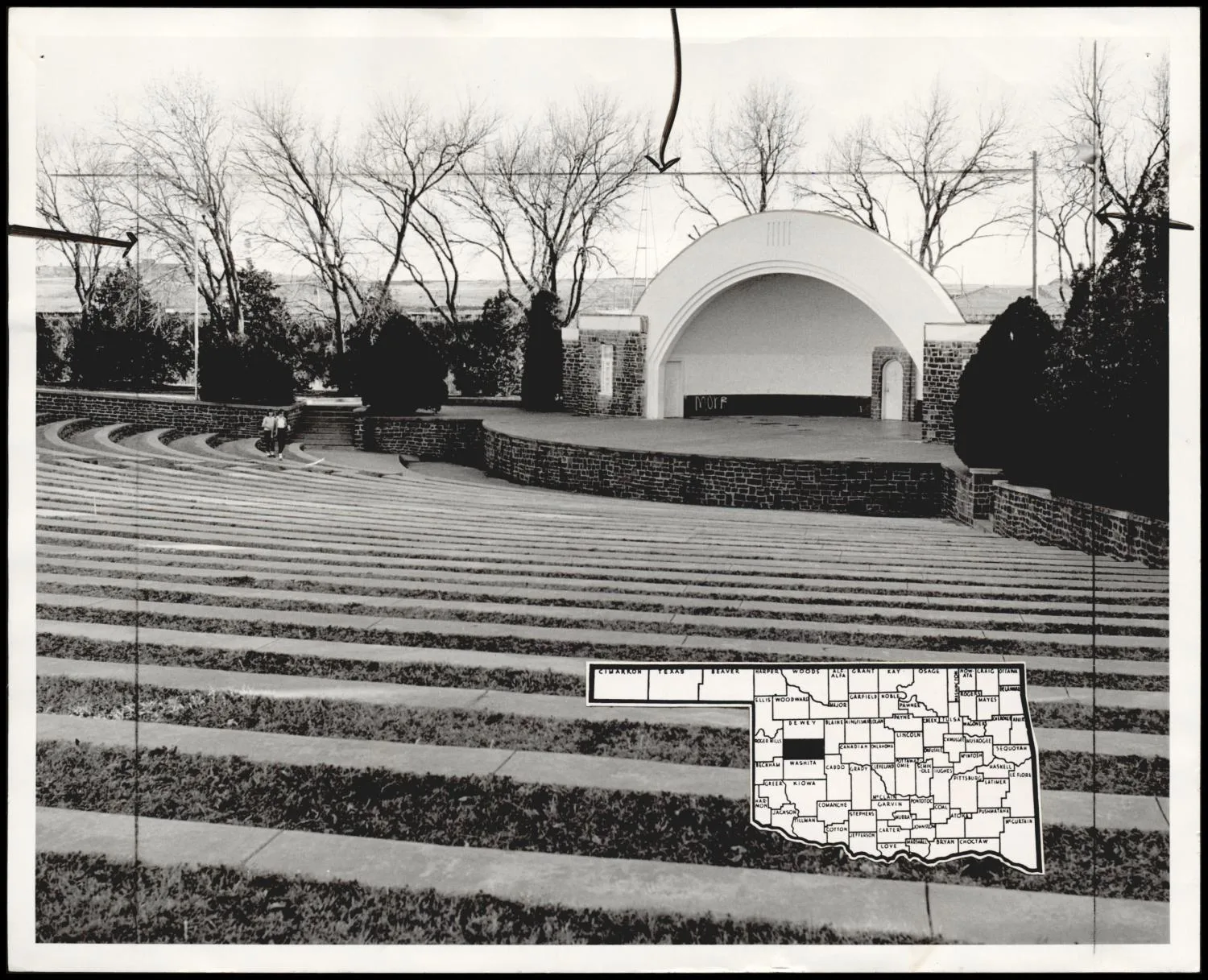 Photograph used for a story in the Daily Oklahoman newspaper. Caption: "Beauty spot in Clinton's McLain Rogers, Park, in the southwest section of the city, is this amphitheater with its huge stage and band shell."