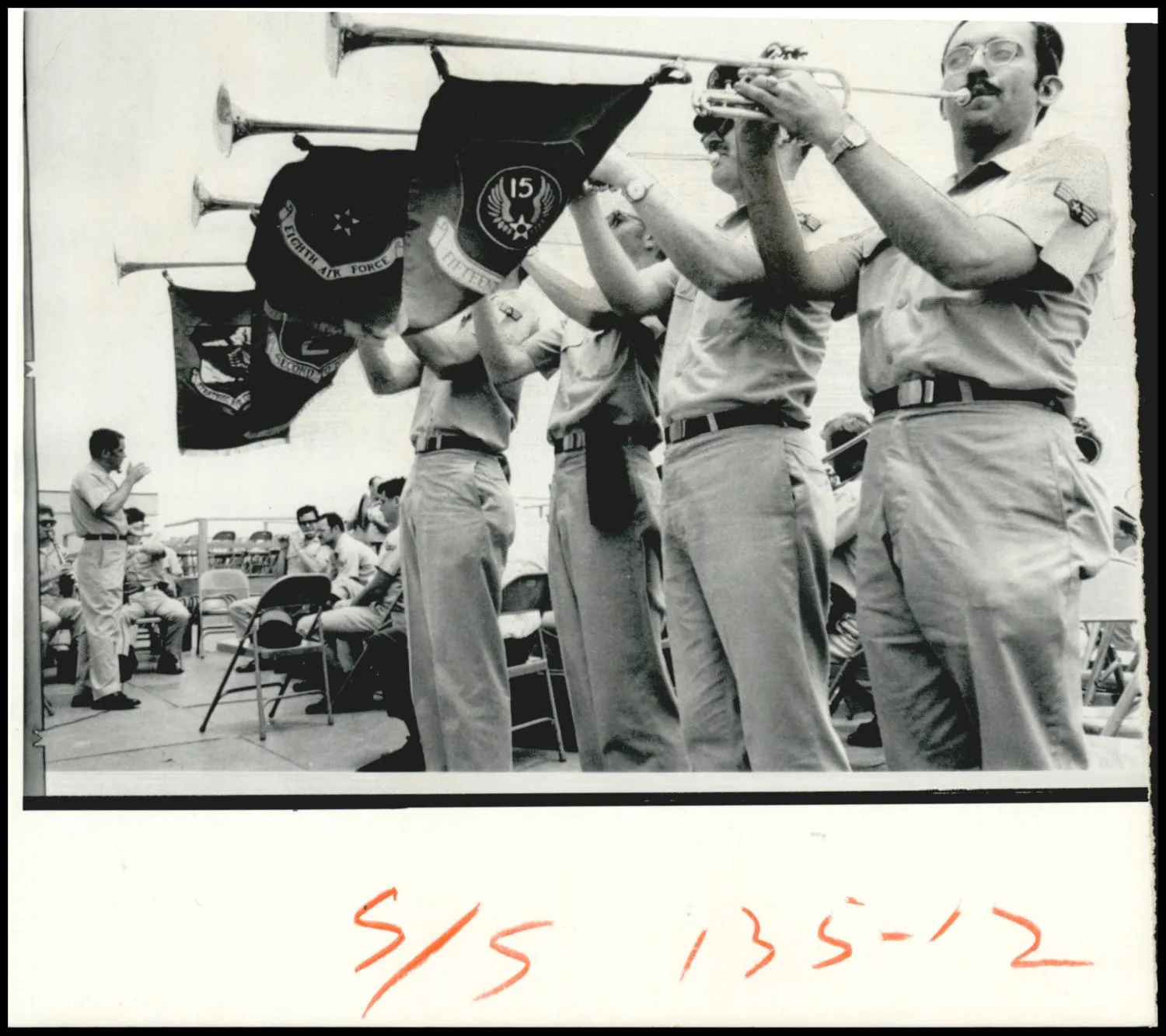 Photograph used for a story in the Oklahoma Times newspaper. Caption: "The Offutt Air Force Band from Omaha warms up for Port of Catoosa dedication."