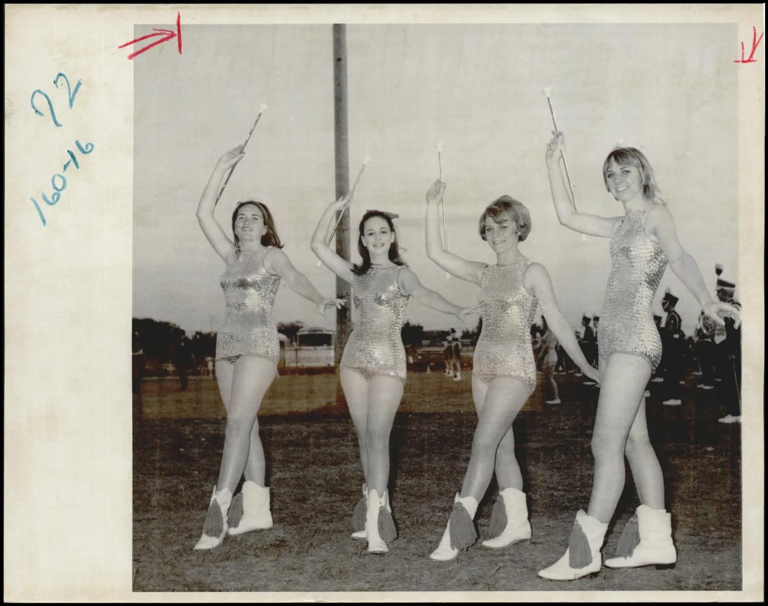 Photograph used for a story in the Daily Oklahoman newspaper. Caption: "Shimmering Twirlers from Mooreland practice at the Tri-State Band Festival in Enid."