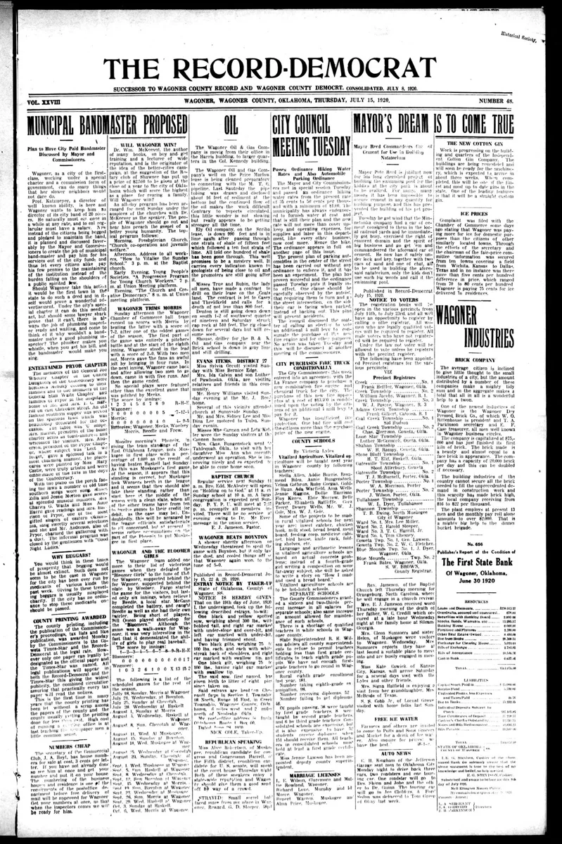 The reviewed Oklahoma band history identifies Wagoner Band in Wagoner and gives the evidence date as 1920s. The source identifies Professor Murat as director.