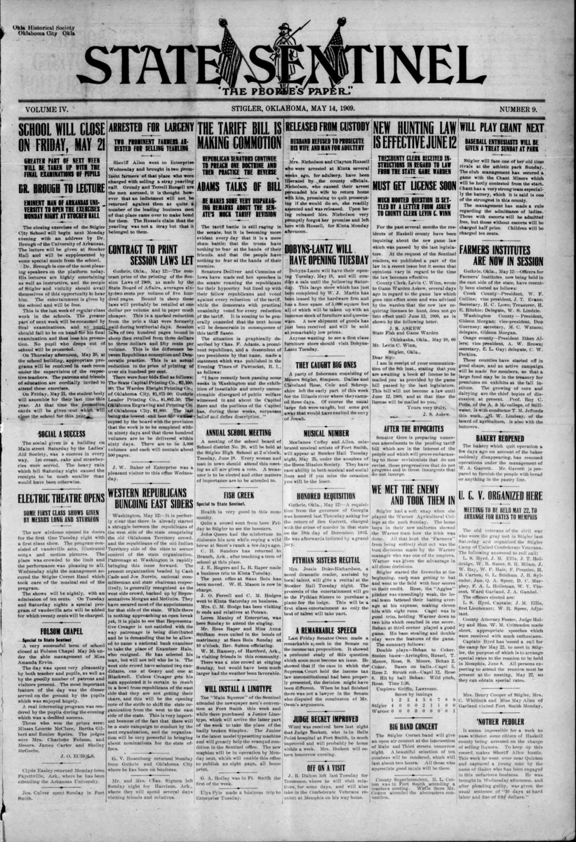 The State Sentinel reports the Stigler Cornet Band accompanying an electric-theatre program in May 1909, giving a ten-number open-air concert in May 1909, and accompanying Lee Cruce’s Stigler reception in July 1910.